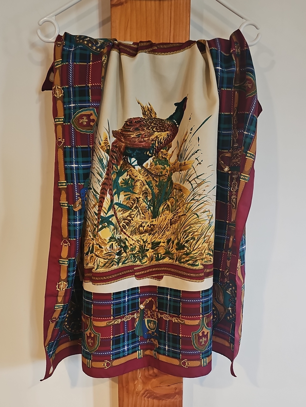 Pheasant-Print Scarf in Cream and Burgundy